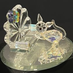 Vintage 1990s Crystal Cat With Butterfly On Faceted Bench, 1.25”