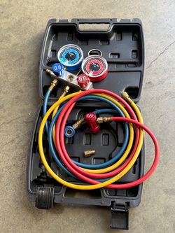 R1234YF Freon  3 Way AC Manifold Diagnostic Gauge HVAC R1234yf Charging Set Recharge Air Conditioner Refrigerant Freon with 3PCS 5FT Hoses R1234yf Adj