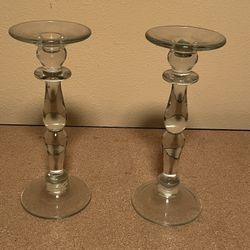 Vintage tall glass candle sticks holders pair 11” heavy clear taper dining