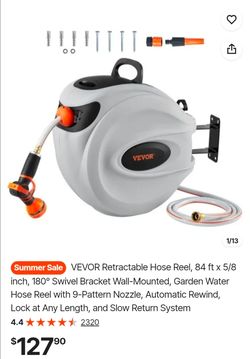 VEVOR Retractable Hose Reel, 84 ft x 5/8 inch, 180° Swivel Bracket Wall-Mounted, Garden Water Hose Reel with 9-Pattern Nozzle, Automatic Rewind, Lock 