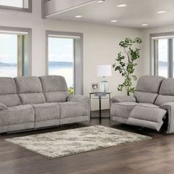 Brand New Super Plush Light Grey Power Reclining Sofa & Loveseat 