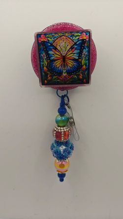Stained Glass Butterfly Alligator Badge Reel