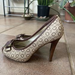 GUESS High Heel Open Toe Brown Tan Buckle Pumps