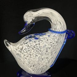 Hand Blown Art Glass Blue And White Goose Figurine