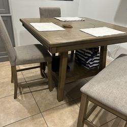 Hyland Brown Grey Square Wood II 48" Kitchen Counter Height Table With Lazy Susan + Stool + Dining Bench + 2 chairs