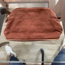 Hermès Brown Canvas Makeup Bag with Zipper, Travel Cosmetic Organizer