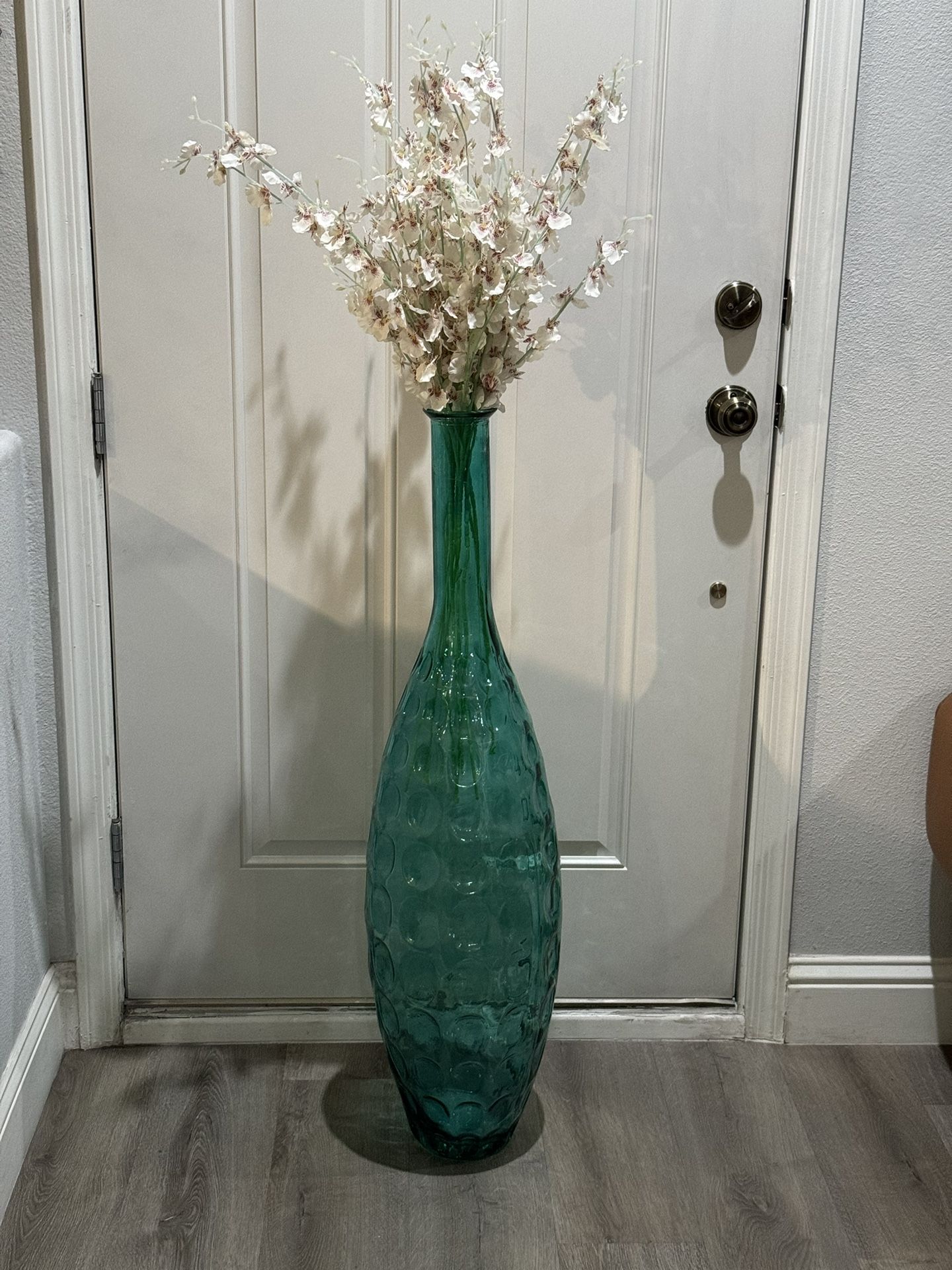 39” High Teal Blue Bubbles Textured Glass Vase