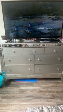 silver Mirrored Dresser with Crystal Knobs