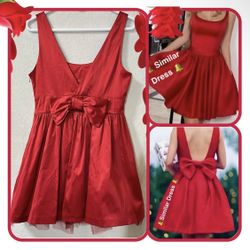 Elegant Bow Embellished Back Fit & Flare A-line Red Satin Mini Dress M