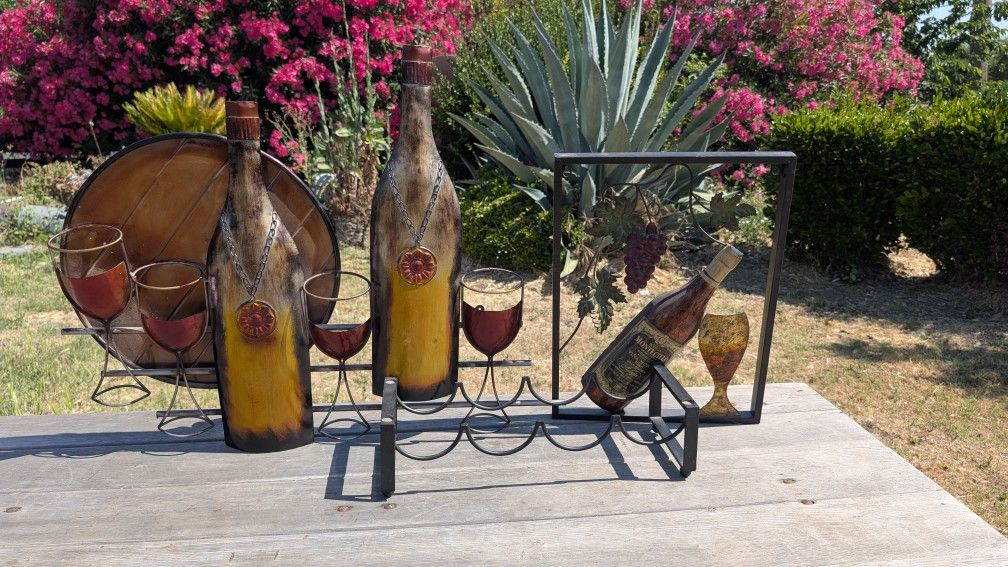Rustic Tuscan Wine Art Set – 2 Metal Wall Pieces & Decorative Countertop Wine Rack