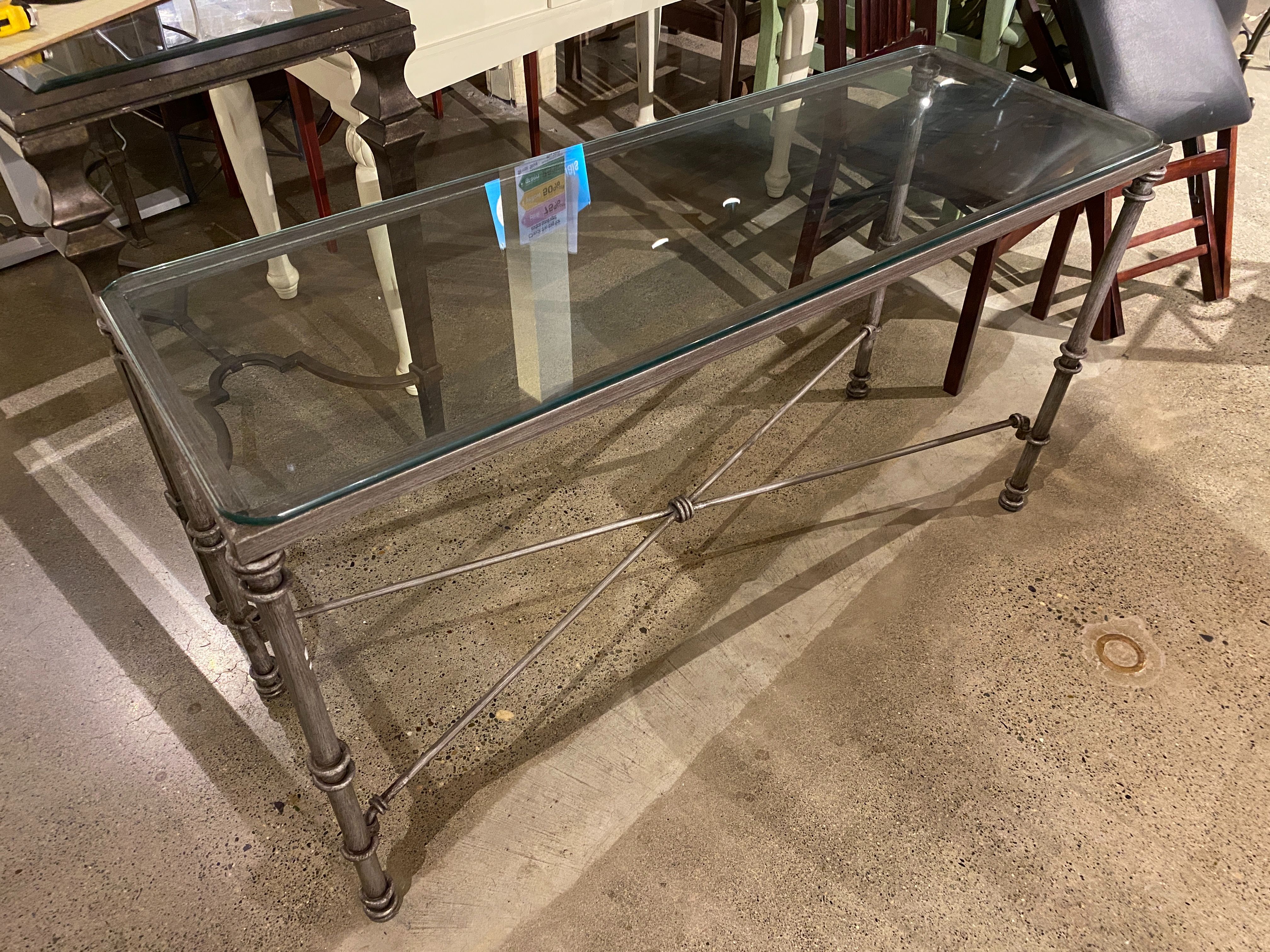 Glass Top Console Table with Knotted Metal Frame