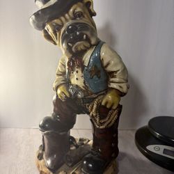 Home Bar Art Vintage English Cowboy Statue bull Dog with gun rope boots hat.