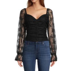 Self Esteem Black Shirred Bodice Blouson Sleeves Crop Top Size XL