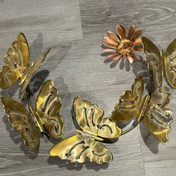 Vintage Brass And Copper Butterfly And Flower Wall Hanging 