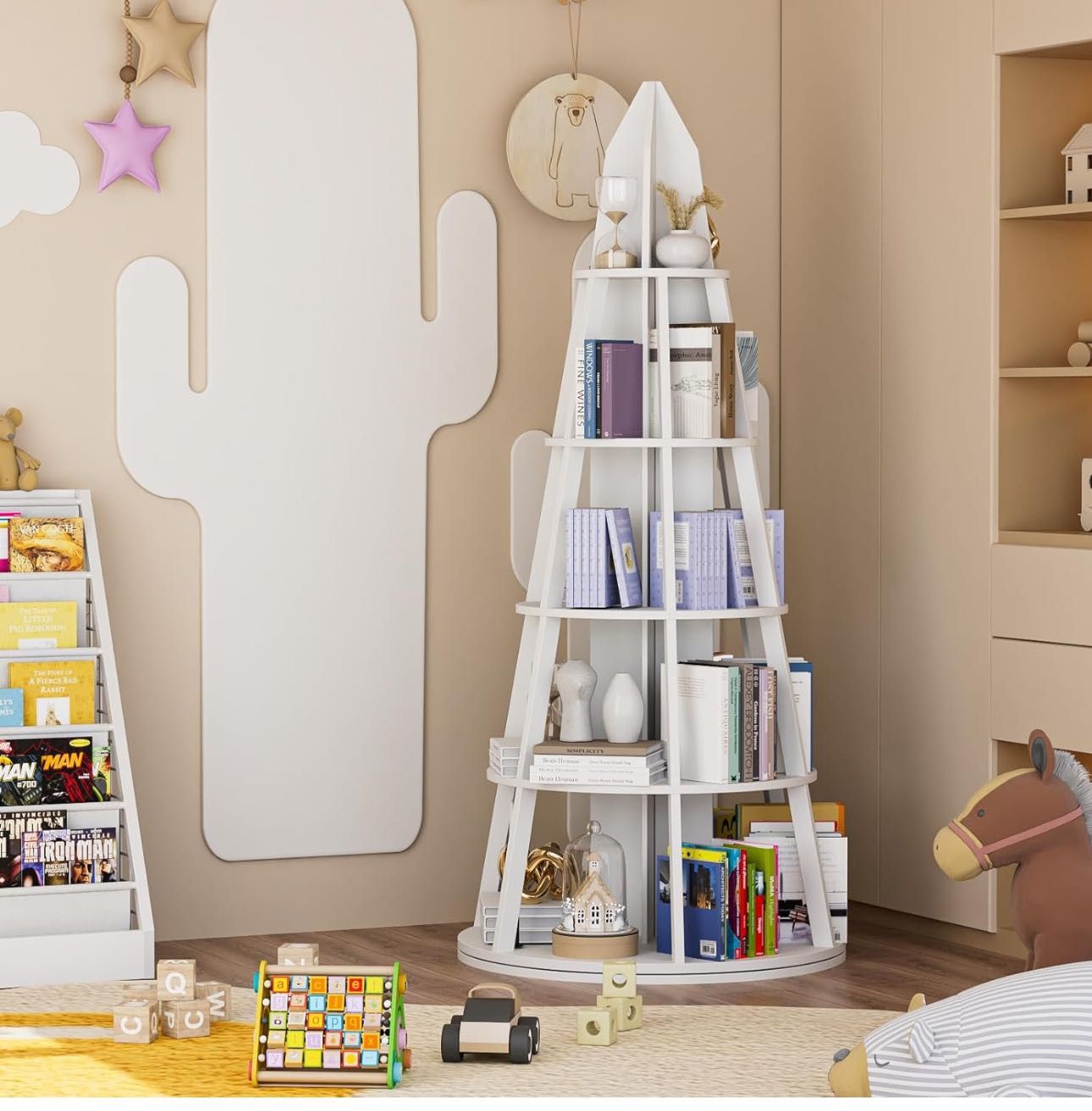 71 Inch Tall Rotating 5 Tier Christmas Tree Shape Spinning Bookshelf Tower Modern for Bedrooms Living Rooms Study Office Easy to Assemble