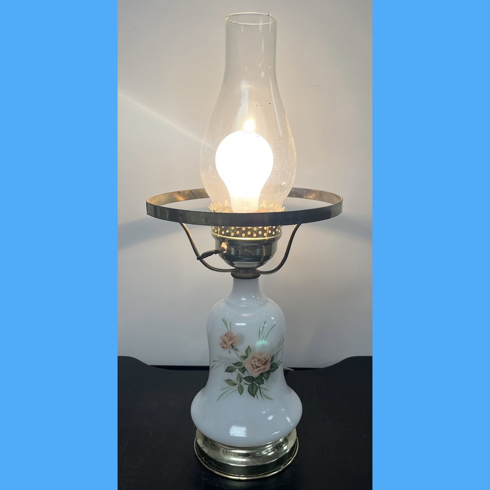 Vintage Floral Milk Glass Hurricane Parlor Lamp, missing globe 