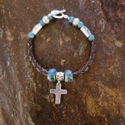 SS Braided Leather Cross Bracelet