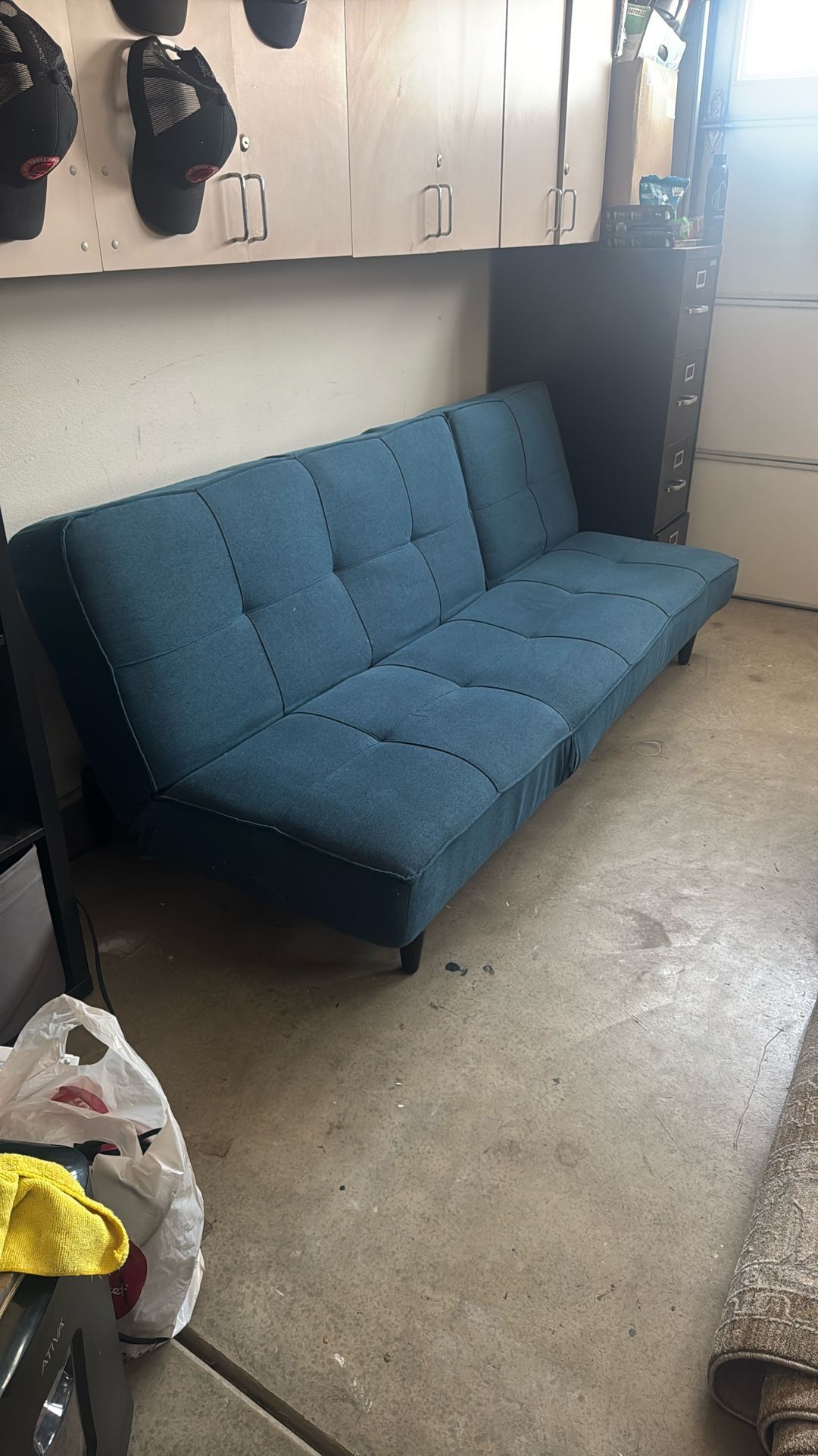 Futon  Living Spaces Paige Blue 85" Convertible Sofa Chaise Sleeper