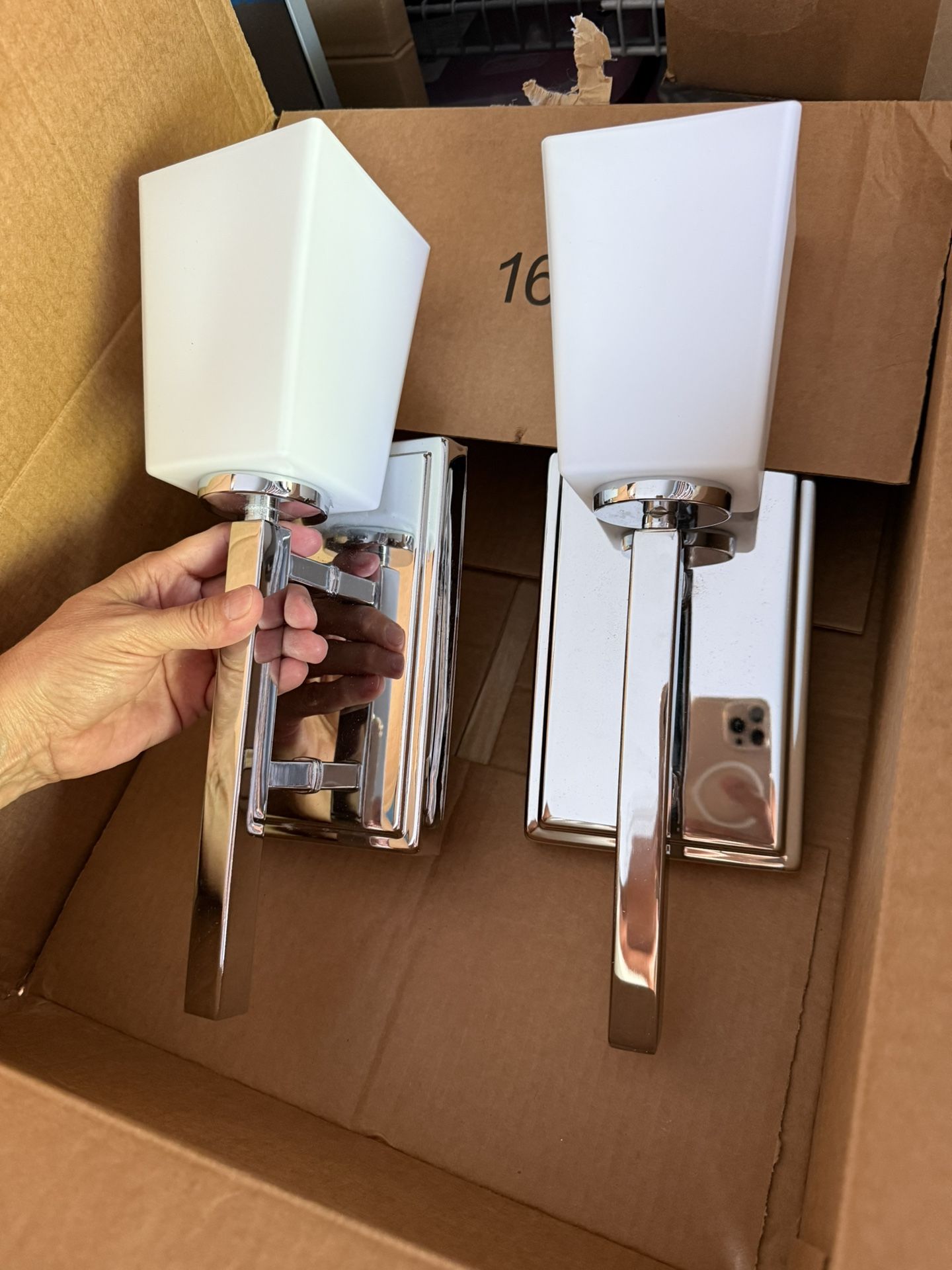 2 - Pack Indoor Wall Light Lamp Scones, Perfect Condition , Measures 4.75 inches wide, 13.5 inches tall, Like New, White Glass And Chrome, Was $300