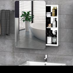 18'' x 26''/46cm x 66cm Wall Mount Bathroom Medicine Cabinet Mirror Sliding Door with 3-Tier Storage Shelf, Stainless Steel, for Living Room Bedroom O