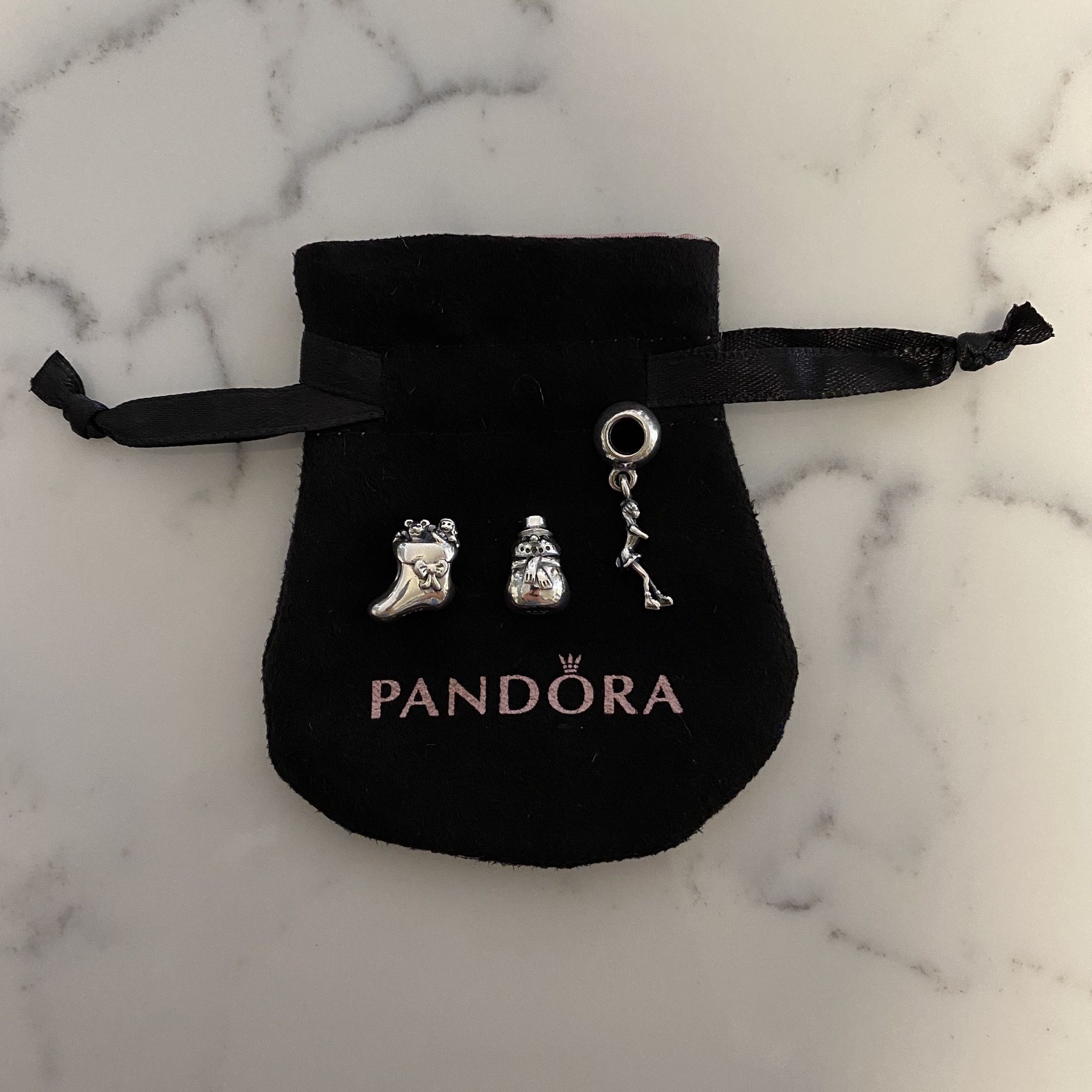 Set of 3 Brand New Pandora Silver Charms w/ Pouch