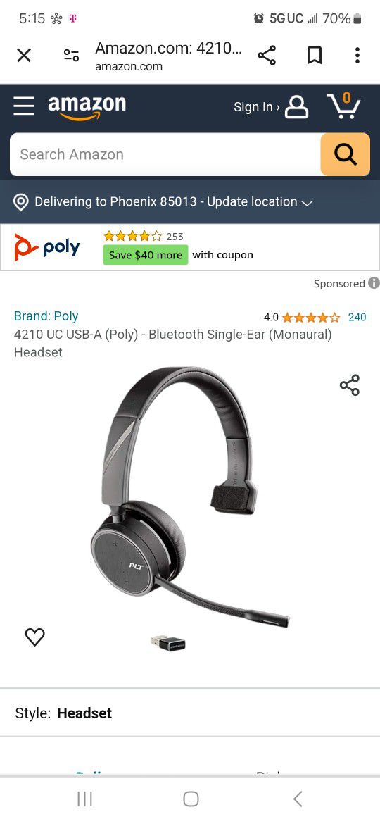 PLT Bluetooth Headset $60