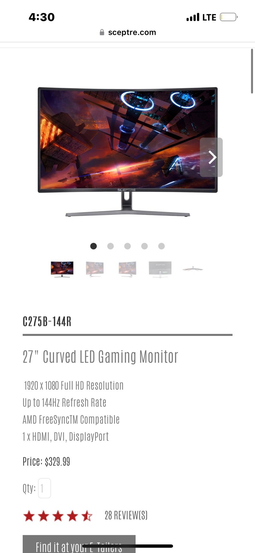 Sceptre 27” Curved 144hz Gaming Monitor (C275B-144R)