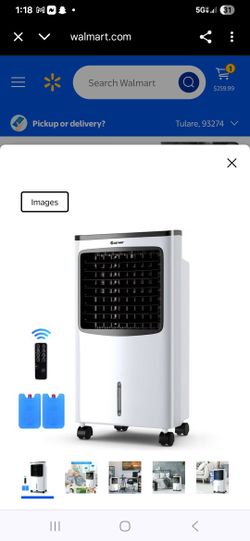 Portable cooler fan filter humidifier anion  w/ remote control. Unit is white.