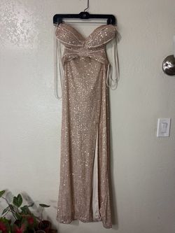 L.I.F.E. Gold sequin glamour maxi dress with bow detail and side slit, size L.