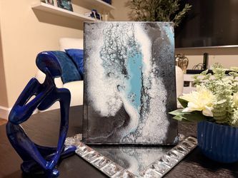 Original Abstract Fluid Art Painting – Black, White & Turquoise