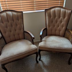 Pair Of Mid Century Tufted Microfiber Upholstered Cane Accent Chairs 