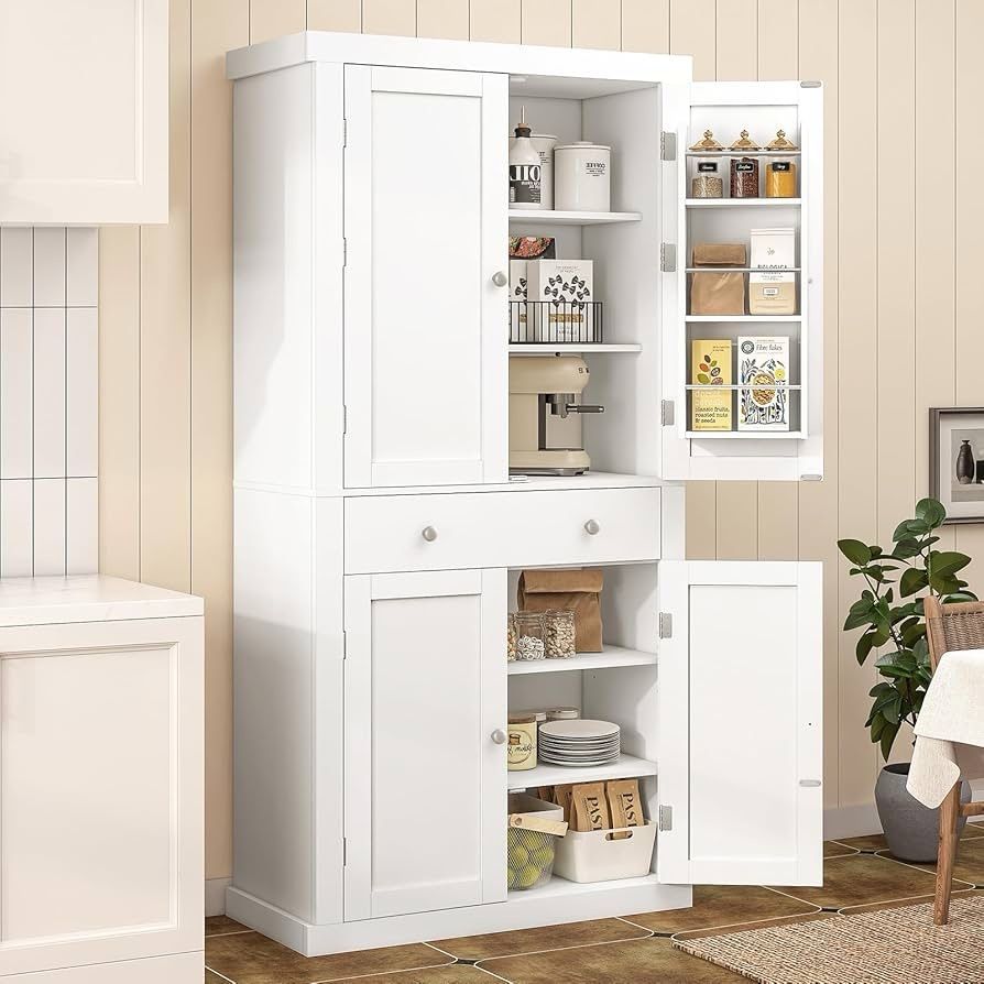 Pantry Cabinet, Tall Kitchen Storage Cabinet with 4 Doors and 1 Drawer, Cupboard with 6 Hanging Shelves and Adjustable Shelves for Kitchen