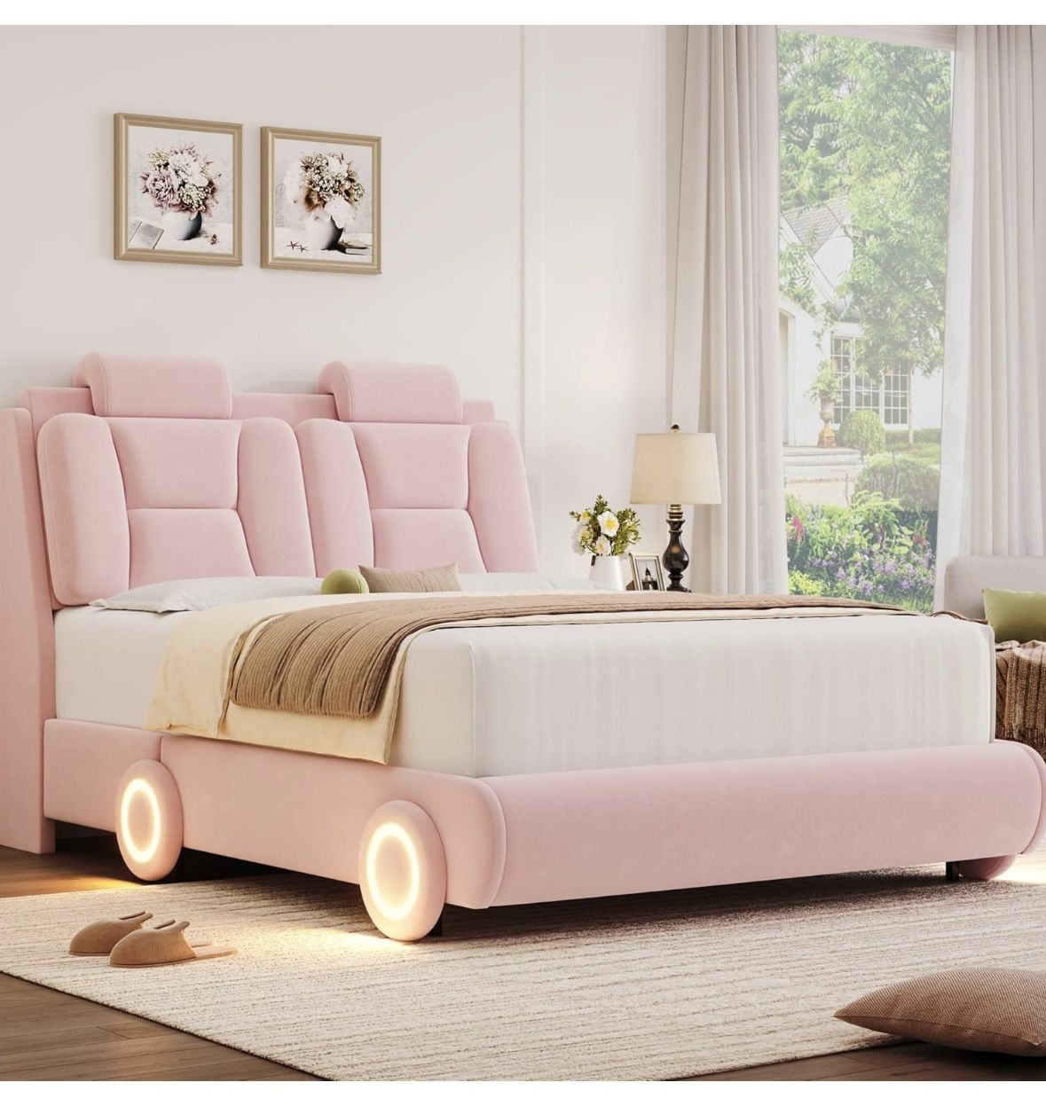 Keyluv Queen Led Car Bed Frame with Wheels Decor & Adjustable Curved Headboard Modern Upholstered Platform Bed with Detachable Pillows Solid Wooden Sl