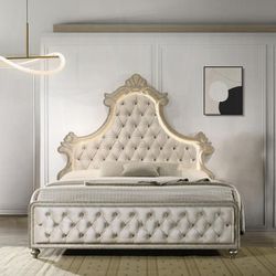 Beige Queen Size Bed With LED Lights In Tufted Headboard-