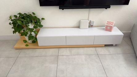White Low-Profile TV Stand with Wood Base