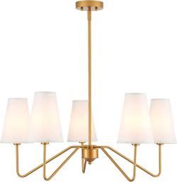 Modern Antique Brass Chandelier w/ White Fabric Shade – 5-Light Fixture
