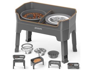 4-in-1 Elevated Slow Feeder Dog Bowls, 4 Height Adjustable Mess Proof Raised Dog Bowl Stand with No Spill Water Bowl, Stainless Steel Doggy Food Dish 