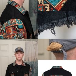 Black Denim & Southwestern Tapestry Jacket - Distressed Raw Hem | Size Large