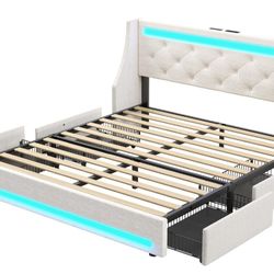Rolanstar Twin Bed Frame with LED Lights and Charging Station, Upholstered Bed with Drawers, Wooden Slats, Noise Free, Easy Assembly, Beige