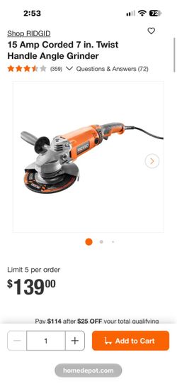 Ridgid 15 AMP corded 7in. Twist handle angle grinder/amoladora angular con mango de giro de 7in