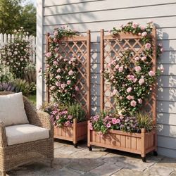 Raised Garden Bed with Trellis 2 Pack, Outdoor Wooden Planter Box & Plant Stand with Climbing Racks