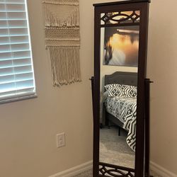 Brown Mirrored Jewelry Armoire Cheval Floor