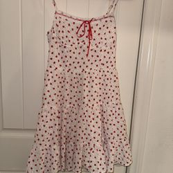 White Dress With Small Red Strawberry Print