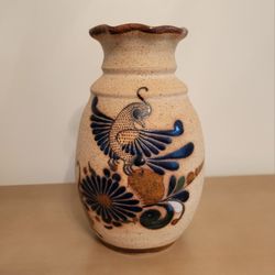 VTG Tonala Stoneware Vase Bird Floral Hand Painted Mexico Folk Art Pottery 