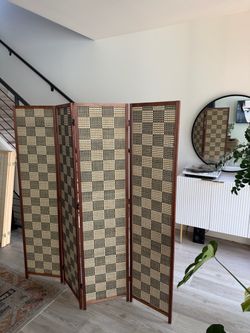 Japanese-Style 4-Panel Folding Room Divider – Wood & Woven Design