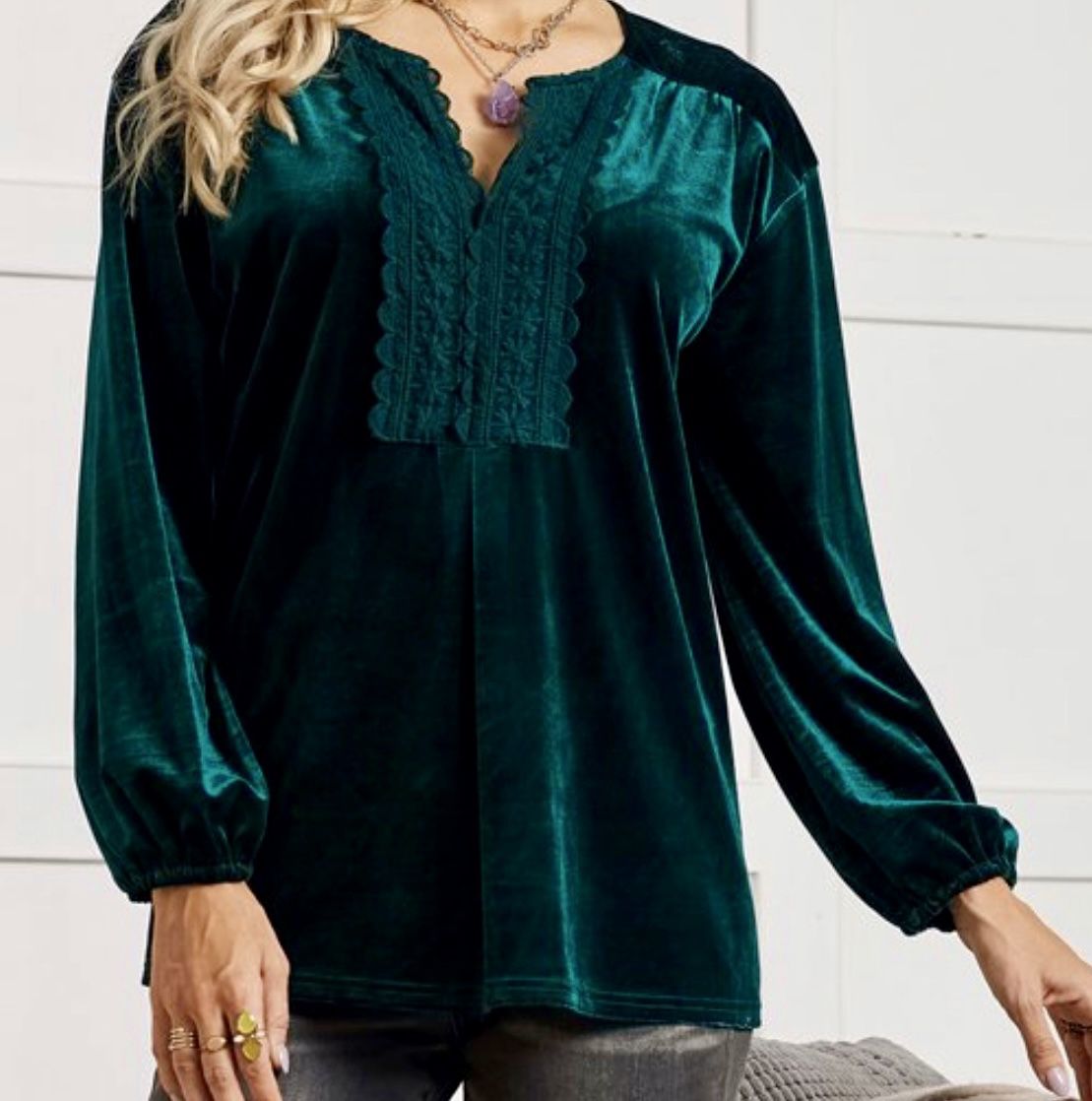 Dark Green Velvet Notch Neck Lace-Panel Tunic - Women. Excellent condition.