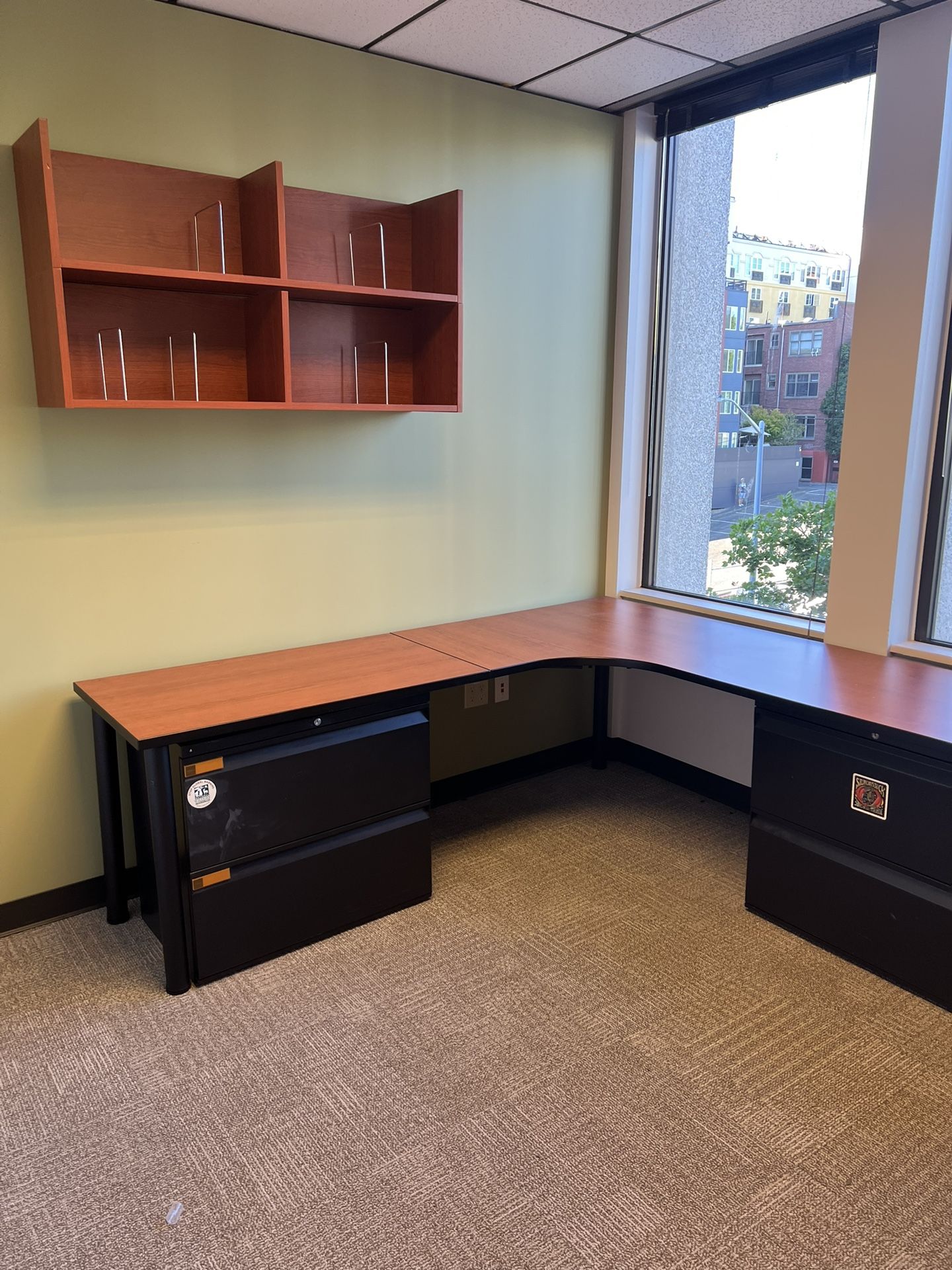 Free: Desk, wall shelves, floor mat, drawers!