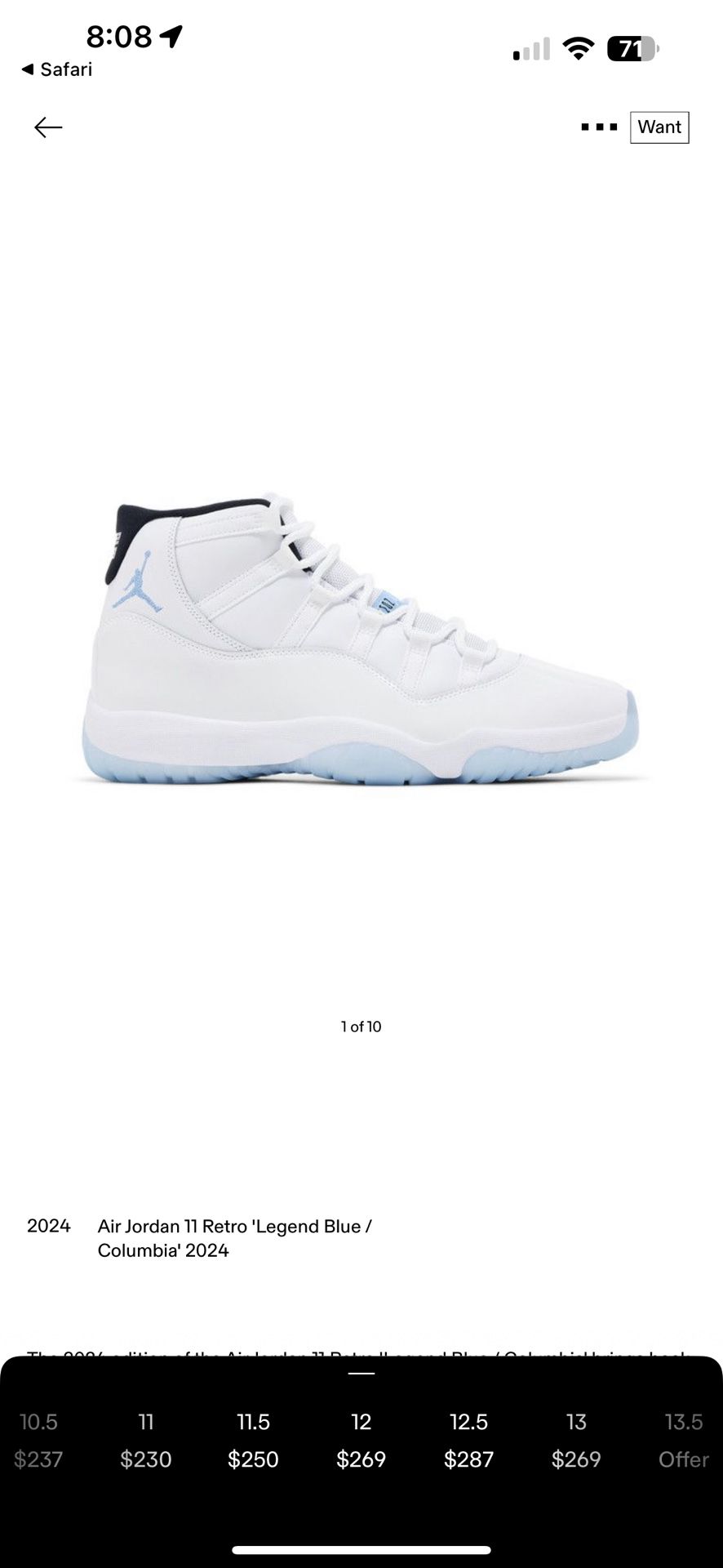 Jordan 11 Legend Blue Sz12