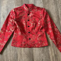 Oriental Silk Red Jacket Women M Button Up Crop Brocade Asian Chinese Dress Barn