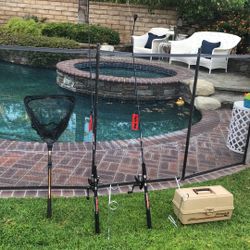 Two BRAND NEW UGLY STIK Fishing Rods with Reels Plus A Fenwick Tackle Box,Frabill Net & Rod holders.